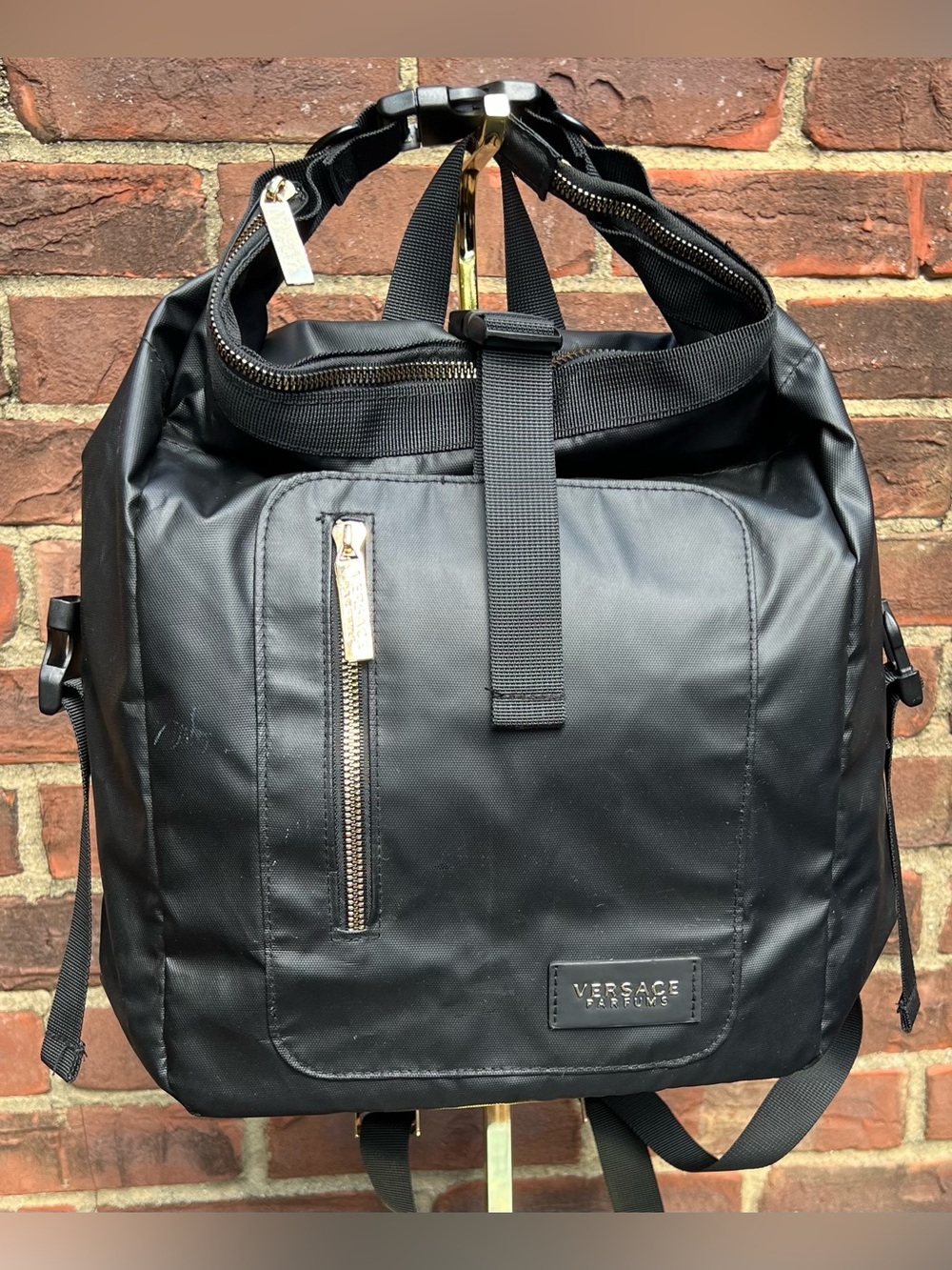 Versace Parfums Convertible Black Nylon Backpack Gold Accents Luxury Unisex